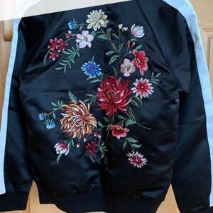Forever 21 Black Bomber Jacket with Floral Embroidery